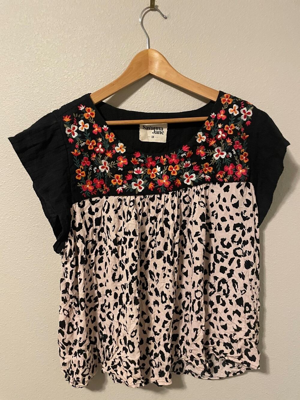 Savanna Jane Tunic Top Womens 3X Black Leopard Floral Embroidered Boho Artsy